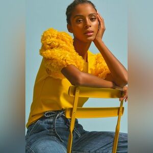NWT Anthropologie Flat White Ruffled Balloon Sleeve Jersey Top Marigold Yellow